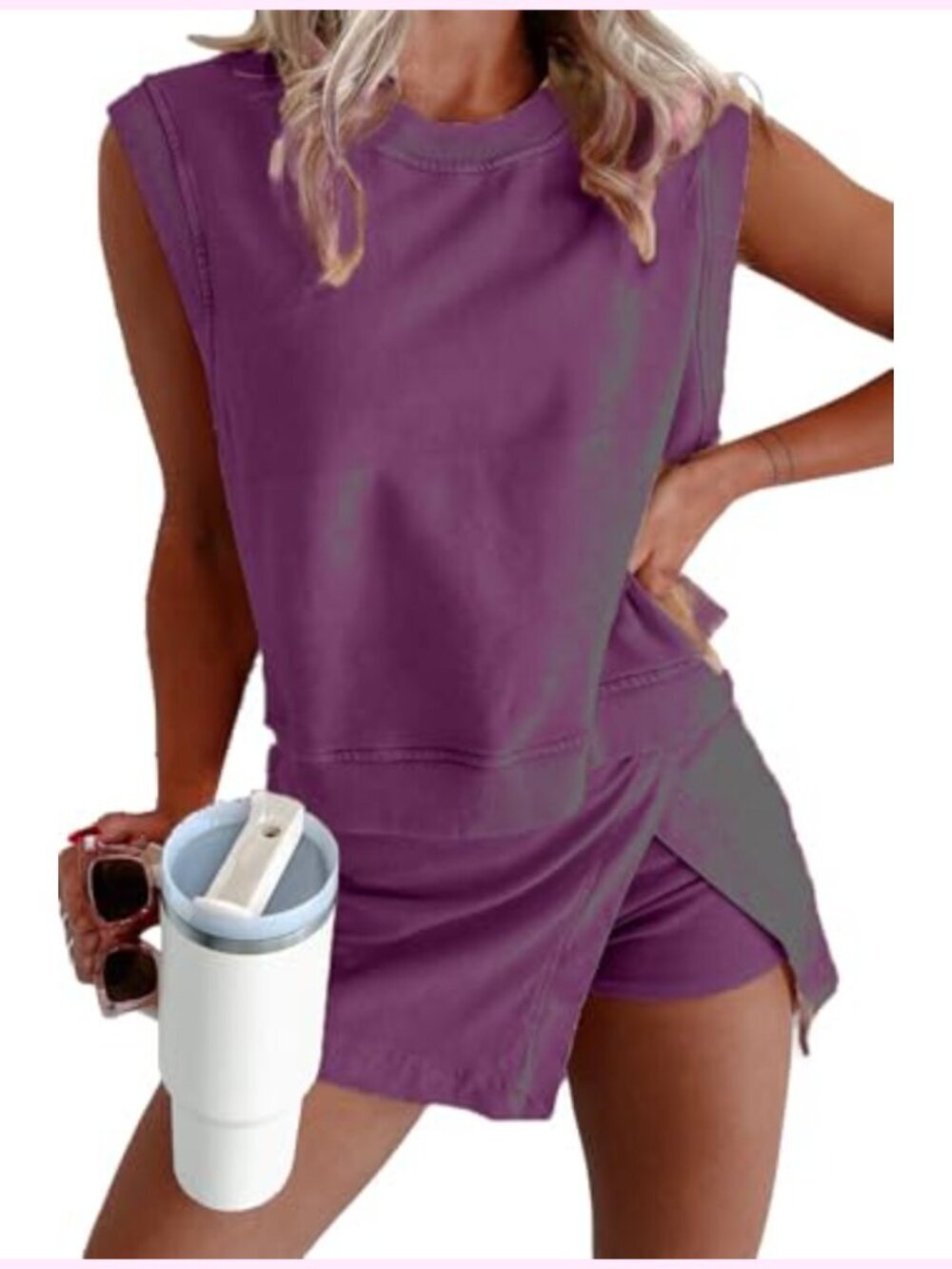 Mineral Wash Cotton Tank Top Lined Split Athletic Skirt Set